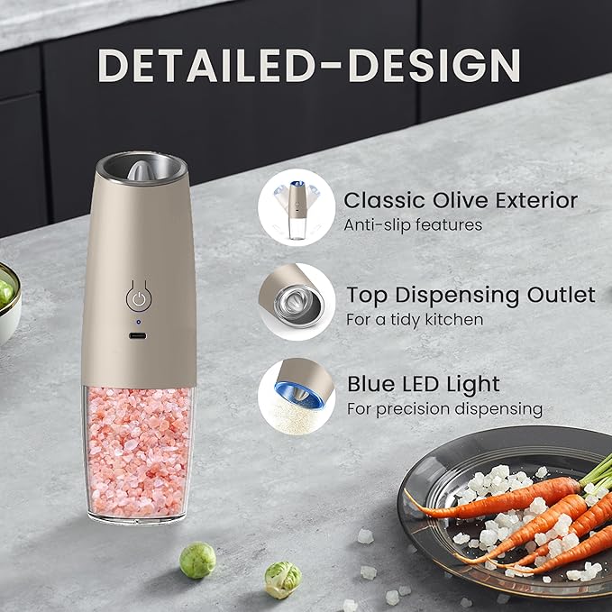 Rechargeable Salt And Pepper Grinder Set with LED Light, Automatic Electric Gravity Salt And Pepper Shakers Set, No Battery Needed, Adjustable Roughness, 2 Pack (Khaki) - Image 5