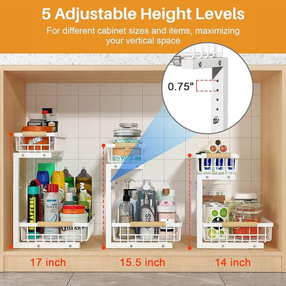 REALINN Under Sink Organizer, Height Adjustable 2 Tier Pull Out Cabinet Storage, L-Shaped Drawer Organizer for Kitchen Sink Organizer, Bathroom Organizers and Storage, Smooth Sliding Rails, White