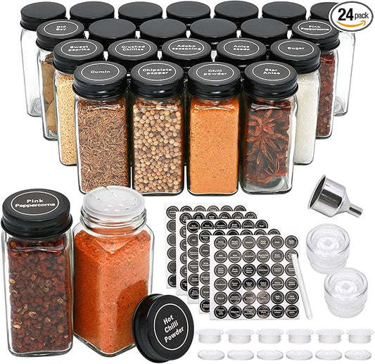 Maredash 24pcs Spice Jars with180 Labels,Glass Spice Jars, Seasoning Containers,Seasoning Organizer,Include black metal lid, pen, grinder, stainless steel funnel, two type inner plugs by Maredash