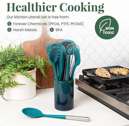 Larder & Vine 12-Piece Silicone Kitchen Cooking Utensils Set with Stainless Steel Handle and Ceramic Holder, Dishwasher Safe Set of Kitchen Essentials (Bondi) - Image 5
