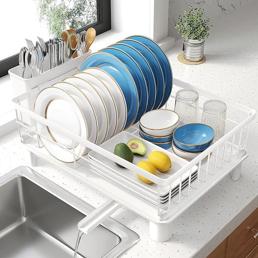 SNTD Dish Drying Rack - Small Dish Rack for Kitchen Counter, Stainless Steel Dish Drainer with Utensil Holder and Drainboard, 12.9" W x 16.9" L (White) by SNTD