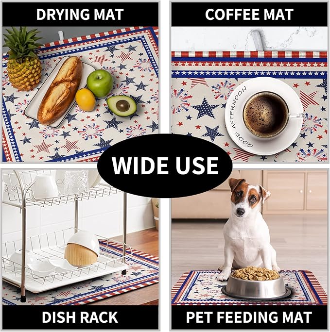 Happy 4th of July Patriotic Dish Drying Mat 16 x 18 Inch US Independence Day Vintage Star Kitchen Drying Mat Blue White Red Dish Drainer Mats Super Absorbent Dish Rack Pad for Coffee Bar Sinks - Image 7