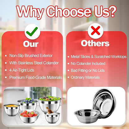 DUTZUN Mixing Bowls with Strainer, Mixing Bowl with Lids Set, Stainless Steel Mixing Bowls, Kitchen Gadgets Salad Bowls with Strainer for Mixing & Preping & Serving, Multicolor - Image 3