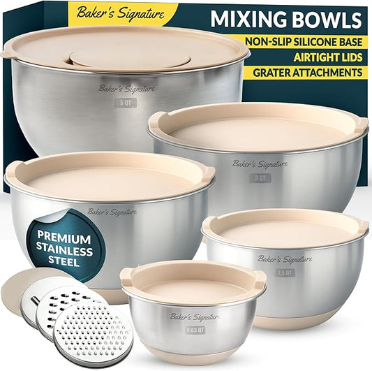 Baker's Signature Stainless Steel Mixing Bowls with Lids Set, 5 Sizes, 3 Graters, Non-Slip Base, Airtight Lids, Metal Mixing Bowls for Kitchen, Food Prep, Storage, 0.63QT-5QT, Khaki by BakersSignature