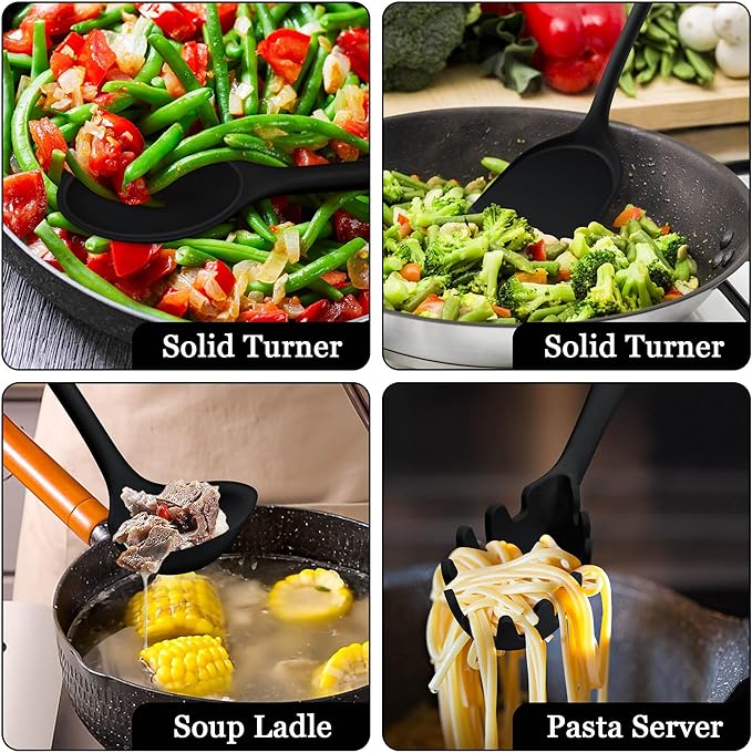 LIANYU 8Pcs Cooking Utensils Set, Heat Resistant Kitchen Utensils, Silicone Utensils Spatula Set for Nonstick Cookware with Spatula, Ladle, Turner, Spoon, Dishwasher Safe, Black - Image 6