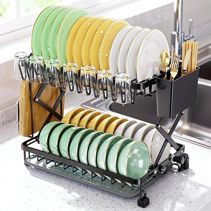 2-Tier Dish Racks for Kitchen Counter, Stainless Steel Kitchen Dish Drying Rack Large Dish Drainers for Kitchens Counter, Space Saving Dishes Strainer for Bowl, Plate, Cup - Modern Counter Organizer by Dellershownow