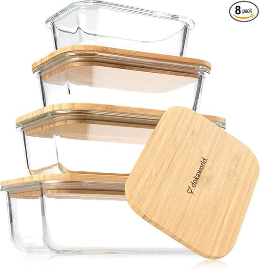 Set of 4 Stackable Space-Saving Nesting Glass Containers with Airtight Bamboo Lids - Lunch, Meal & Food Prep - Microwave & Oven Safe BPA Free Durable Heat Resistant Inert Borosilicate Glass by Dokaworld