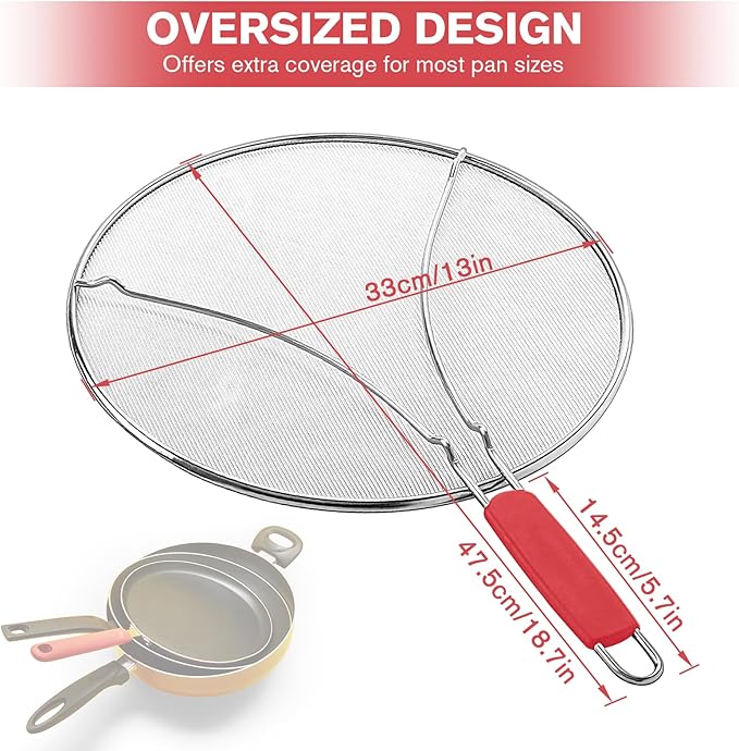 Splatter Screen for Frying Pan & Food Strainer,13 Inch Stainless Steel Grease Splatter Guard,Shield from Splashing Oil, Dishwasher Safe(Red) - Image 2