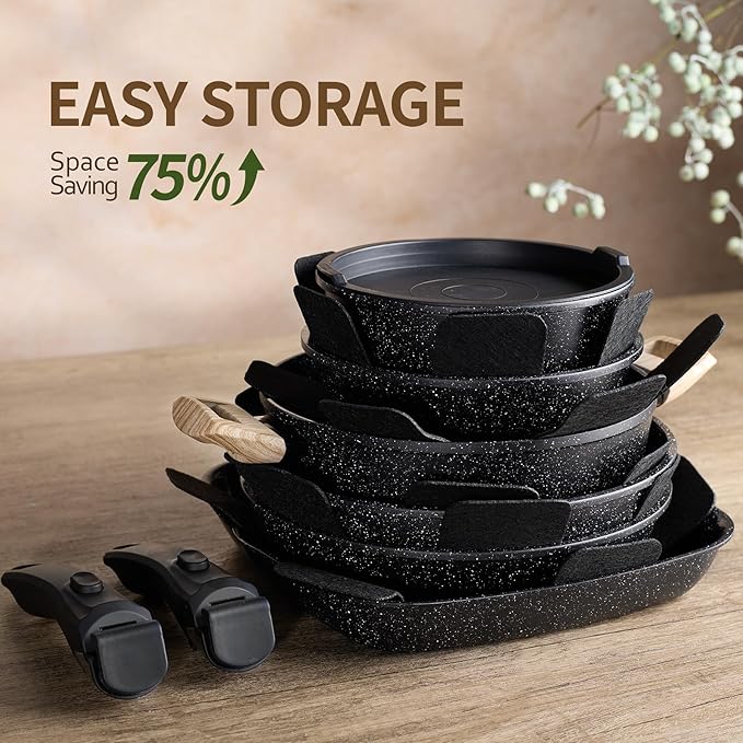 BECIGAR 23pcs Ceramic Pots and Pans Set, Nonstick Detachable Handle Cookware, Induction Kitchen Cooking Set with Removable Handle,include Frying Pans & Saucepans Oven Safe (Black) - Image 6