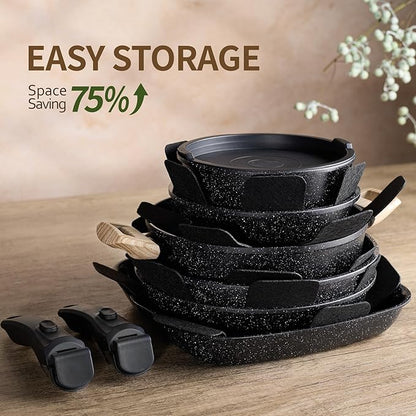 BECIGAR 23pcs Ceramic Pots and Pans Set, Nonstick Detachable Handle Cookware, Induction Kitchen Cooking Set with Removable Handle,include Frying Pans & Saucepans Oven Safe (Black) - Image 6