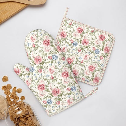 Oven Mitts and Pot Holders Flower Boho Rose Floral Silicone Kitchen Accessories Set of 4 Heat Resistant Long Gloves Potholder Non-Slip Grip for Chef Cooking Baking Grilling BBQ
