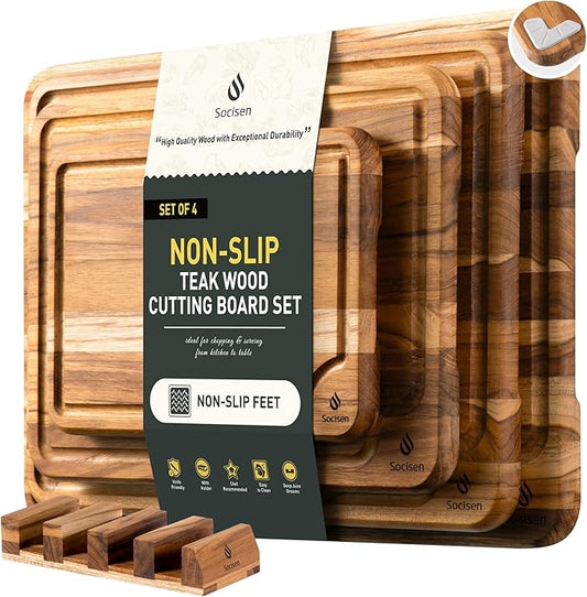 4 Pack Teak Wood Cutting Board Set for Kitchen Heavy Duty Non Toxic Non Slip Solid Thick Wood Haus Chopping Board Extra Large Big Small Meat Best Essential House Warming Hostess Host Gift by Socisen