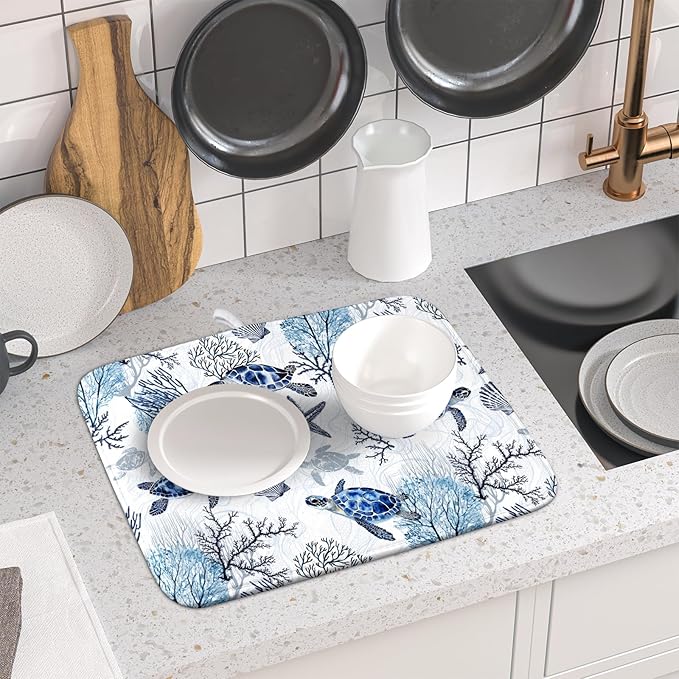 Giwawa 16"x18" Coastal Sea Turtles Dish Drying Mat Nautical Ocean Tortoise Coral Starfish Dish Drainer Mats for Kitchen Microfiber Reversible Dish Drying Rack Pad for Countertop Tabletop Decor
