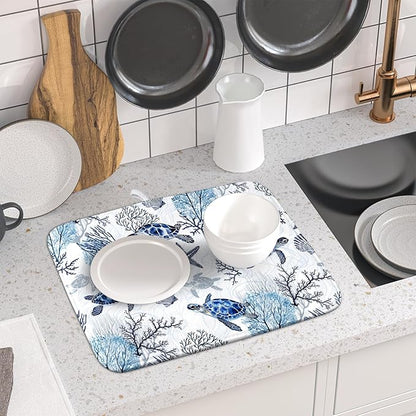 Giwawa 16"x18" Coastal Sea Turtles Dish Drying Mat Nautical Ocean Tortoise Coral Starfish Dish Drainer Mats for Kitchen Microfiber Reversible Dish Drying Rack Pad for Countertop Tabletop Decor