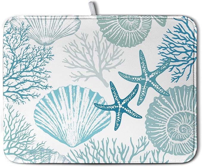 Summer Teal Dish Drying Mat for Kitchen Counter Nautical Coastal Blue Dishes Drainer Mats Turquoise Beach Coral Seashell Starfish Ocean Absorbent Microfiber Dish Draining Pad 18x24 Inch by Kwlegh
