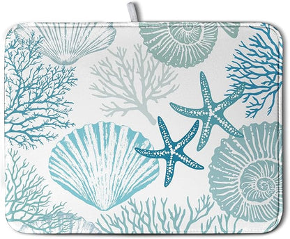 Summer Teal Dish Drying Mat for Kitchen Counter Nautical Coastal Blue Dishes Drainer Mats Turquoise Beach Coral Seashell Starfish Ocean Absorbent Microfiber Dish Draining Pad 18x24 Inch by Kwlegh