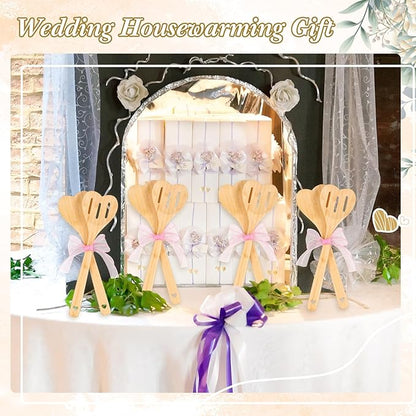 Reallnaive 24 Pcs Bamboo Spatula Wooden Kitchen Utensil Bulk 12''wood Spoon Spatula for Cooking with Ribbon Bridal Baby Shower Game Prize Wedding Party Favors Housewarming Gift (Heart Style)