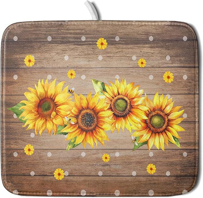 Summer Sunflower Bee Dish Drying Mat for Kitchen Counter,Rustic Yellow Flowers White Polka Dots Drying Mat 16 x 18 Inch with Absorbent Reversible Microfiber Drying Pad for Coffee Bar by Anyako