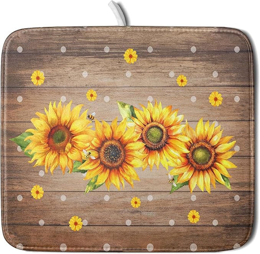 Summer Sunflower Bee Dish Drying Mat for Kitchen Counter,Rustic Yellow Flowers White Polka Dots Drying Mat 16 x 18 Inch with Absorbent Reversible Microfiber Drying Pad for Coffee Bar by Anyako