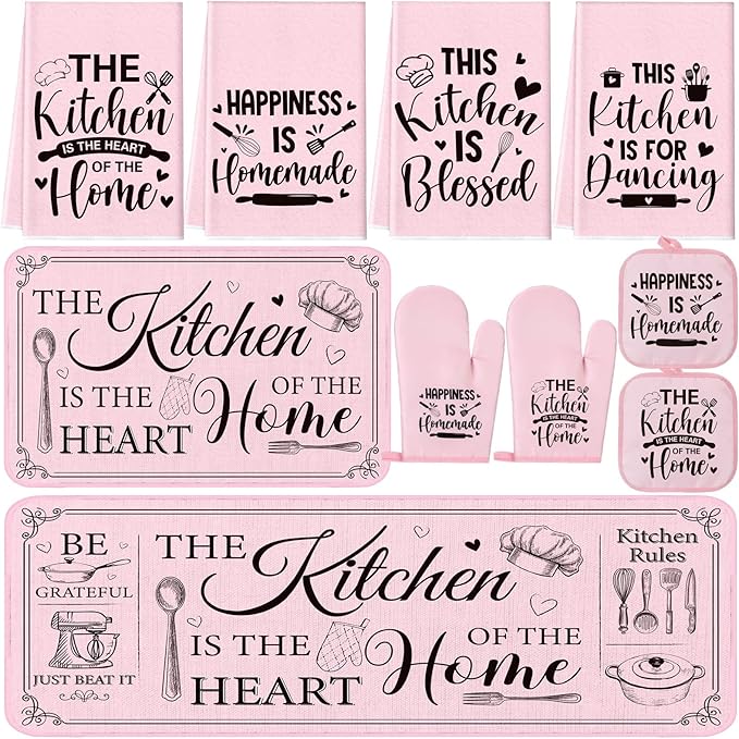 Fourluoo 10 Pcs Farmhouse Kitchen Decor and Accessories Set 4 Kitchen Towels 2 Pot Holders 2 Oven Mitts 2 Rugs for Cooking Baking Mom Housewarming Gifts(Pink,Classic Style) by Fourluoo