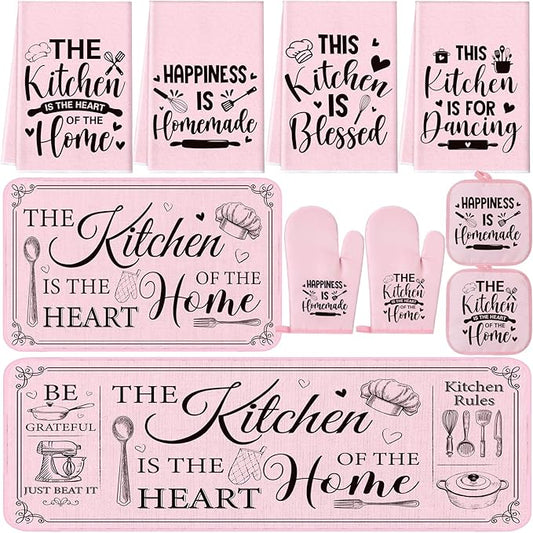 Fourluoo 10 Pcs Farmhouse Kitchen Decor and Accessories Set 4 Kitchen Towels 2 Pot Holders 2 Oven Mitts 2 Rugs for Cooking Baking Mom Housewarming Gifts(Pink,Classic Style) by Fourluoo