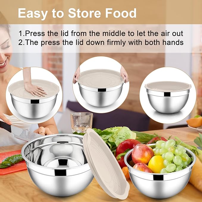 E-far Mixing Bowls with Lids, 6-Piece Stainless Steel Salad Bowls Metal Nesting Bowls for Baking Cooking and Prepping, Airtight Lids & Stackable Design, Size 4.5, 3, 1.5 QT (Khaki) - Image 7