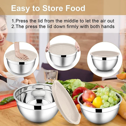 E-far Mixing Bowls with Lids, 6-Piece Stainless Steel Salad Bowls Metal Nesting Bowls for Baking Cooking and Prepping, Airtight Lids & Stackable Design, Size 4.5, 3, 1.5 QT (Khaki) - Image 7