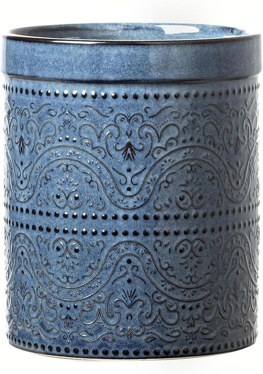 Kitchen Utensil Holder, 7 Inches Large Ceramic Utensil Holder for Countertop, Lace Emboss Cooking Utensil Crocks for Kitchen, Home Decor, Reactive Blue by MIKIGEY