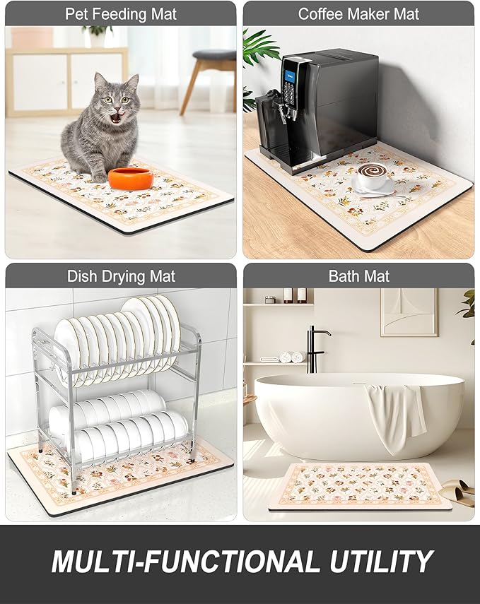 Rnivvi Dish Drying Mat for Kitchen Counter, 12 x 19" Cute Flower Theme Super Absorbent Draining Pad, Non-Slip Heat Resistant Coffee Bar Mat for Coffee Machine Station Accessories, Beige Dish Rack Pad - Image 7