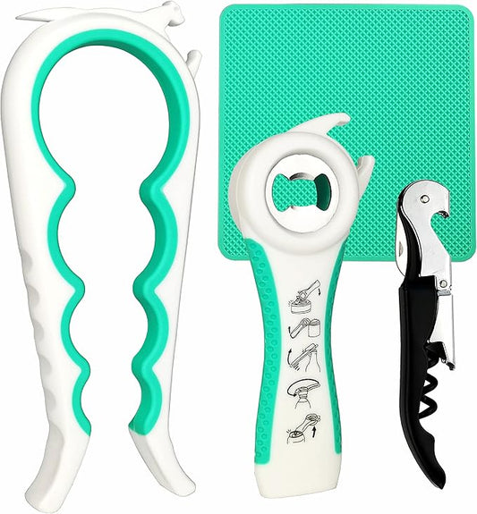 Otstar Jar Opener Bottle Opener and Can opener for Weak Hands,Seniors with Arthritis, Elderly, Jar Lid Opener Gadgets with Rubber Jar Opener Gripper Pad and Corkscrew Opener by Otstar