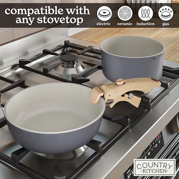Country Kitchen Cookware Set with Removable Handle, Oven & RV Safe Pots and Pans Set, Grey/Ivory Wood Handle, Original - Image 6