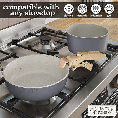 Country Kitchen Cookware Set with Removable Handle, Oven & RV Safe Pots and Pans Set, Grey/Ivory Wood Handle, Original - Image 6