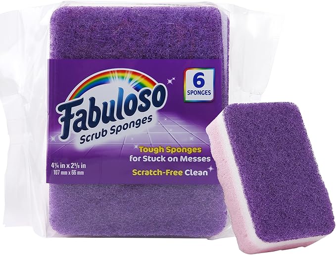 Fabuloso Scratch-Free Kitchen Dish Sponges, Purple Cellulose Scrubber Sponge with Scouring Pad for Dishes, Pots, Pans, Counters and Sinks, Tough on Messes, 4.25 x 2.75 x 1.25 in, 6 Count by Fabuloso