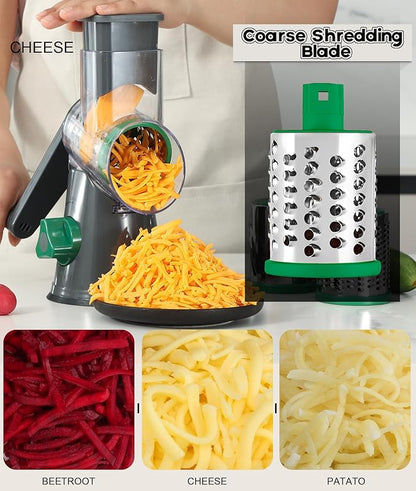 Ourokhome Rotary Cheese Grater Hand Crank, Kitchen Shredder Speed Mandolin Slicer Nuts Grinder with Handle and Drum Blades for Cheese, Vegetable, Walnuts, Chocolate, Potato, Carrot, 3 Blades, Gray - Image 3