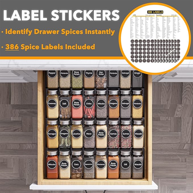 SpaceAid Spice Drawer Organizer with 32 Spice Jars, 386 Spice Labels, 4 Tier Seasoning Rack Tray Insert for Kitchen Drawers, 15" Wide x 17.5" Deep - Image 3
