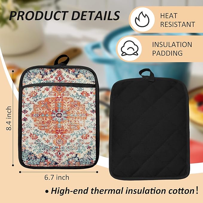 Rustic Vintage Boho Pot Holders for Kitchen, Abstract Orange Blue Boho Ethnic Floral Botanical Heat Resistant Hot Pads and Oven Mitts for Baking Cooking - Image 6