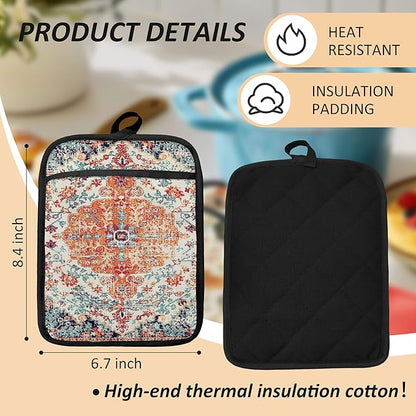 Rustic Vintage Boho Pot Holders for Kitchen, Abstract Orange Blue Boho Ethnic Floral Botanical Heat Resistant Hot Pads and Oven Mitts for Baking Cooking - Image 6