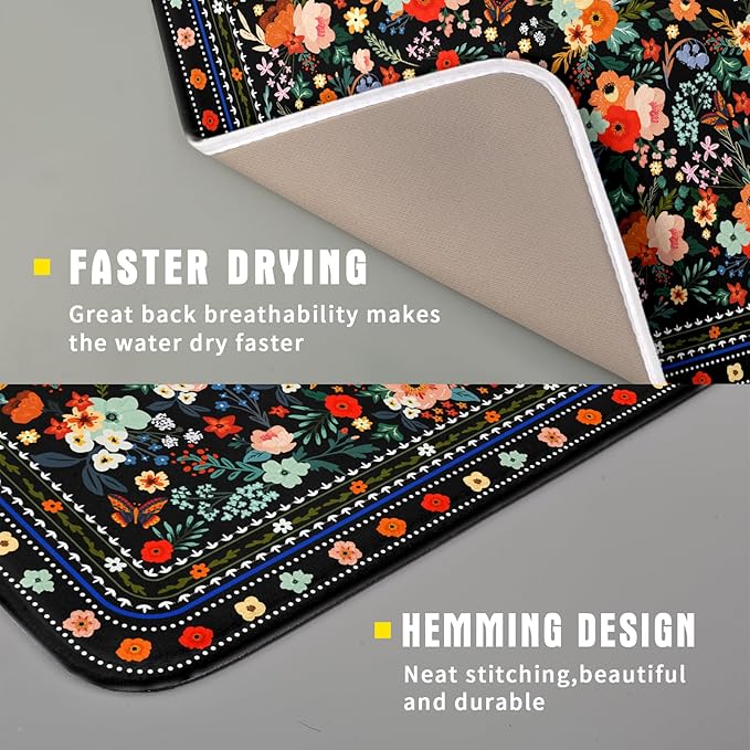 Black Flowers Dish Drying Pad Boho Floral Washable Microfiber Kitchen Mat for Home Decor - Image 3