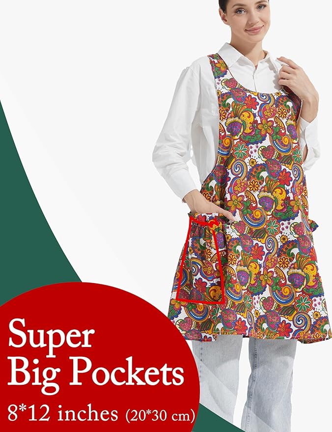 Cozy Adjustable Cross Back Aprons for Women with Pockets Cotton Linen Cooking Kitchen Baking