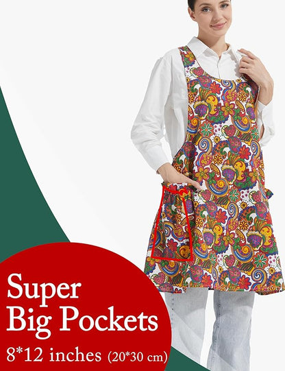 Cozy Adjustable Cross Back Aprons for Women with Pockets Cotton Linen Cooking Kitchen Baking