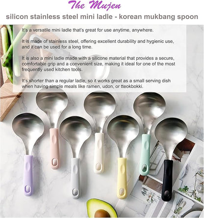 Korean Mukbang Spoon, Serving Spoon, Multipurpose Stainless Steel Ladle Silicone handle Serving Cooking Ladle 먹방 스푼,미니 국자, 서빙스푼 전현무 국자 (Pink)