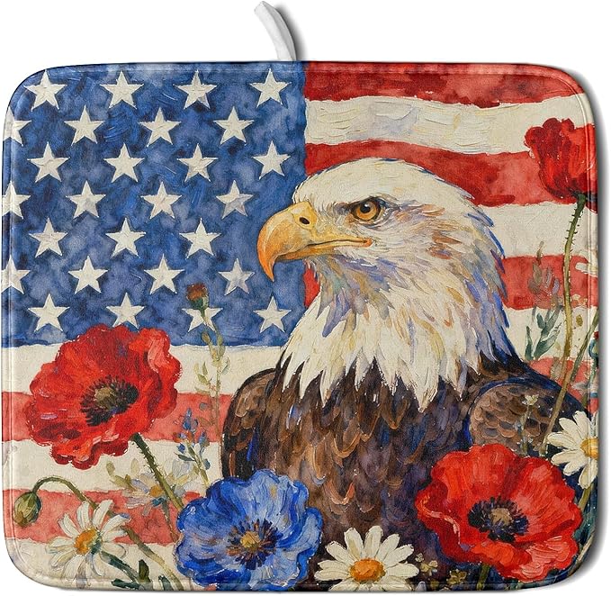 4th of July American Flag Eagle Dish Drying Mat for Kitchen Counter 16x18 Patriotic Floral Memorial Day Absorbent Reversible Microfiber Drying Mats Kitchen Countertop Protector Dishes Drainer Pad by Aytipun