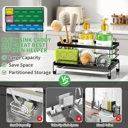 Cisily Black Sponge Holder for Kitchen, Sink Caddy Sink Organizer Rack for Kitchen Accessories with Drip Tray, Rustproof and Non-slip, Soap Dispenser Countertop Organizer Essentials for New Home - Image 3