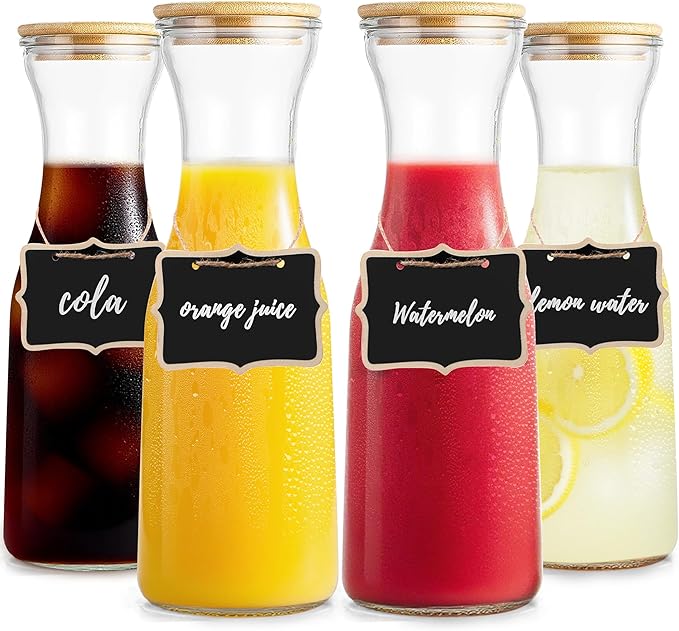 Glass Carafe with Bamboo Lid, Round 35 Oz Beverage Dispensers Carafe, Mimosa Bar Supplies, Clear Glass Pitcher with Name Labels for Iced Tea, Coffee, Juice(Set of 4)