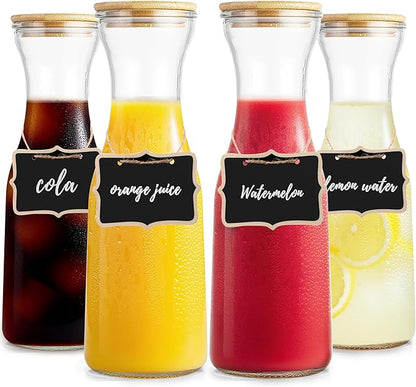 Glass Carafe with Bamboo Lid, Round 35 Oz Beverage Dispensers Carafe, Mimosa Bar Supplies, Clear Glass Pitcher with Name Labels for Iced Tea, Coffee, Juice(Set of 4)