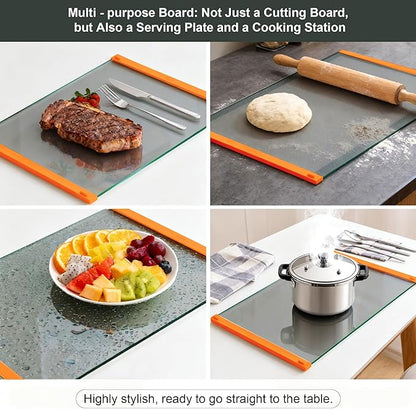 Glass Cutting Boards for Kitchen(12x16" & 12x8"),European Grey Glass Paired with Orange Silicone Grip,No Scratches/Microplastic-Free/Non Toxic,Excellent Gift for Mother's Day and Father's Day
