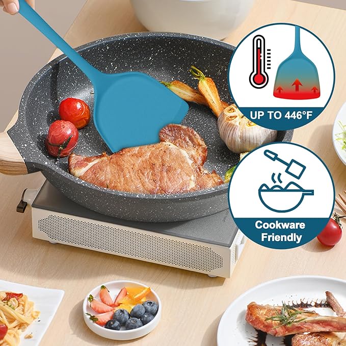 TeamFar Silicone Cooking Utensils Set, 5-Piece Heat Resistant Kitchen Utensils Set, Nonstick Slotted Solid Spoon Turner Pasta Server for Frying, Serving, Mixing, Non-Toxic & Dishwasher Safe, Dark Blue - Image 3