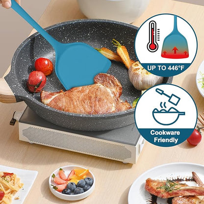 TeamFar Silicone Cooking Utensils Set, 5-Piece Heat Resistant Kitchen Utensils Set, Nonstick Slotted Solid Spoon Turner Pasta Server for Frying, Serving, Mixing, Non-Toxic & Dishwasher Safe, Dark Blue - Image 3