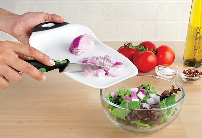 Dexas Chop & Scoop Cutting Board, Small 6.5 by 10.5 inches, White with Black Handle - Image 2