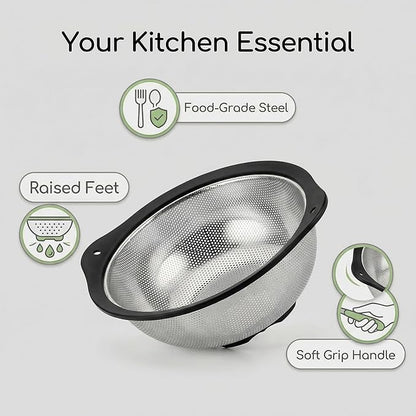 304 Stainless Steel Colander 3-Quart, Heavy Duty Metal Strainer with Riveted Handles, Micro-Perforated Food Strainer for Draining Pasta, Orzo, Rice, Berry, Stable Ring Base, Rust Free